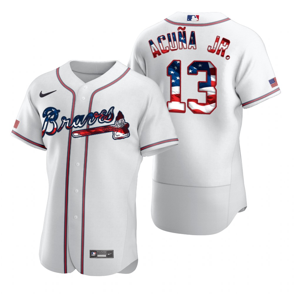 Atlanta Braves 13 Ronald Acuna Jr. Men Nike White Fluttering USA Flag Limited Edition Authentic MLB Jersey